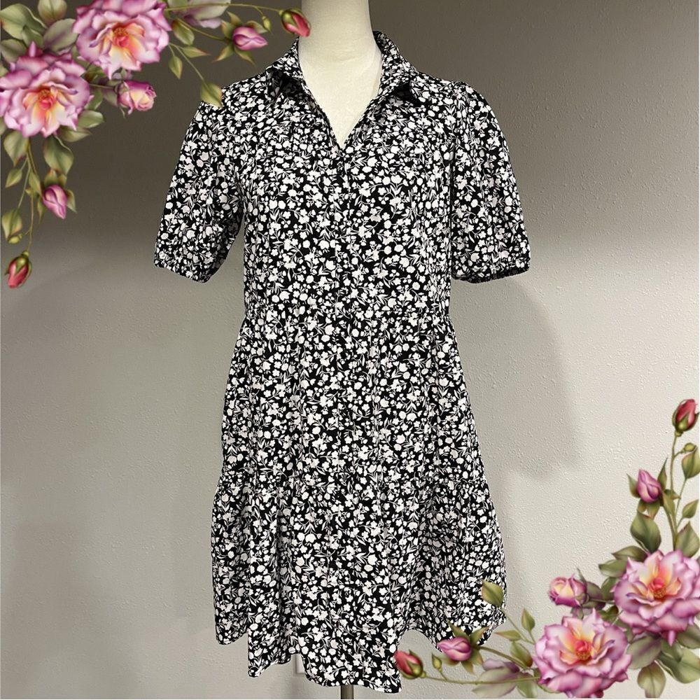 1. State Cotton Floral Puffed‎ Sleeve Dress Black White Cottagecore Prairie